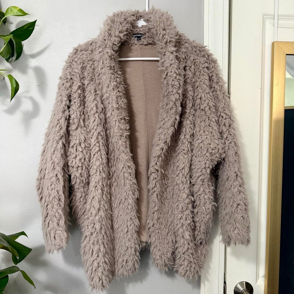 Express Shaggy Faux Fur Coat Cream Taupe Oversized Teddy Boho XS/S